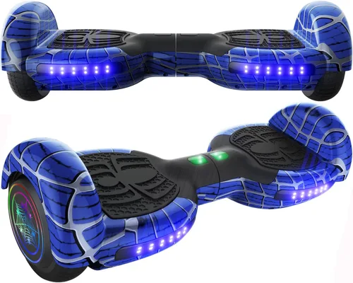 Aeropatineta con patrón de araña para niños de 6 a 12 años, con altavoz Bluetooth y luces LED, aeropatineta de 6.5 pulgadas, certificado de Azul