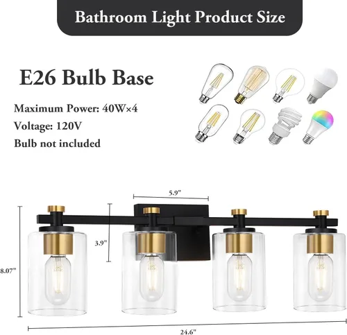 Miniatura 3 de Lámpara de Tocador de Baño de 3 Luces, Accesorios de Iluminación de Baño Negro con Pantalla de Globo de Vidrio Transparente, Aplique de Pared Negro