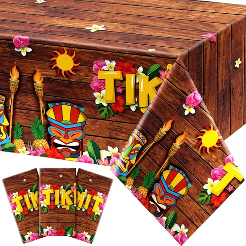 Miniatura 8 de Frienda Mantel Tiki de 3 piezas para decoración de mesa Luau, mantel de plástico para fiesta hawaiana, desechable, tótem Tiki para Hawaii, playa