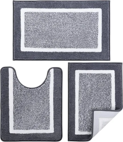 Miniatura 9 de Juego de 3 alfombras de baño con contorno en forma de U, alfombras de ducha absorbentes de microfibra de felpa antideslizantes, alfombras de baño