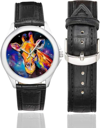 Miniatura 2 de InterestPrint Modern Art Jirafa Animal Relojes de pulsera clásicos impermeables para mujer con correa de cuero negro, Negro