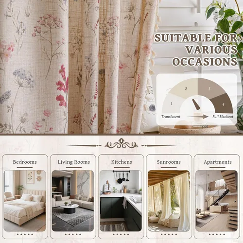 Miniatura 4 de STACYPIK Cortinas rústicas florales para ventana, cortinas semiopacas transpirables de 63 pulgadas de largo, 2 paneles lavables, cortinas filtrantes