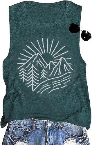 Camisetas sin mangas de senderismo y montaña para mujer, divertidas camisetas de entrenamiento con gráficos de pino y amanecer, camisetas de verano