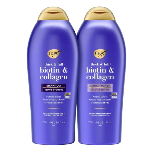 OGX Juego de champú y acondicionador, grueso y completo + biotina y colágeno, morado, ayuda a espesar y texturizar el cabello, ideal para cabello de