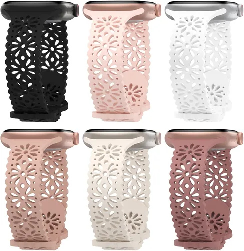 Miniatura 10 de Paquete de 6 correas de silicona delgadas y huecas de encaje compatibles con Apple Watch de 1.496 pulgadas, 1.575 pulgadas, 1.614 pulgadas, 1.654
