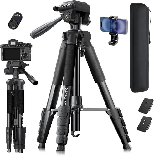 Trípode para cámara, trípode de cámara DSLR de 74 pulgadas con 2 placas QR para Sony/Nikon/Canon, trípode de video ligero para viajes, trípode para