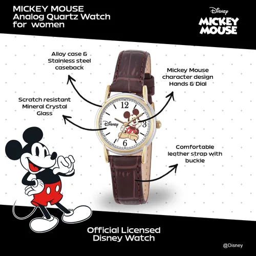 Miniatura 2 de Disney Mickey Watch - Watch for Women - Mickey Mouse Watches for Women Toys - 90s Mouse - Vintage - Articulating Hands - Gold Case - Brown Leather