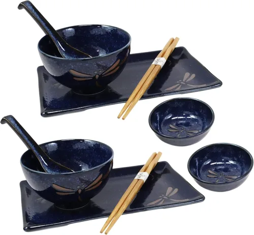 Ebros Gift Juego de 10 platos japoneses de porcelana azul Tombo Dragonfly para sushi para 2 personas, pares de platos de sushi, cuencos de sopa y