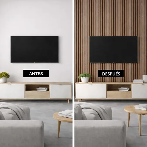 Miniatura 2 de Paquete de 2 paneles de listones de madera acústica - Paneles de pared insonorizados para decoración de interiores Nogal natural.