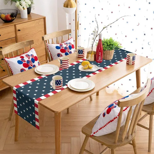Miniatura 4 de Día de la Independencia, 4 de julio, camino de mesa de arpillera de lino para cenas, fiestas, decoración de cocina, bandera patriótica de Estados