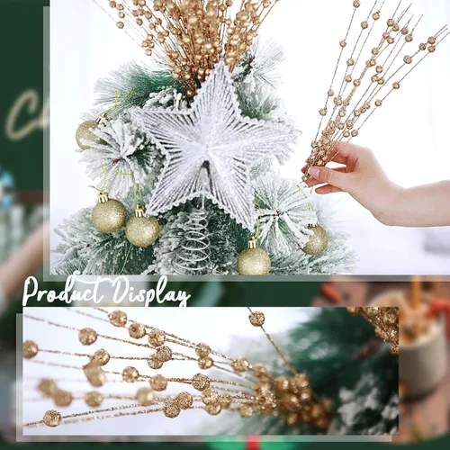 Miniatura 4 de 12 unidades de púas brillantes para árbol de Navidad, tallos de bayas con purpurina dorada, adornos de bayas artificiales, púas y ramas de Navidad