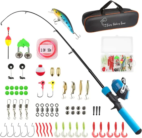 Kit de caña de pescar para niños, caña telescópica de 59 pulgadas y carrete para principiantes con carrete Spincast, caja de aparejos, bolsa de