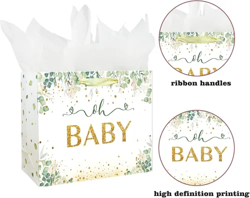 Miniatura 3 de Bolsa de regalo grande de 13" para bebé niño o niña para baby shower o cumpleaños con asa, papel de seda y tarjeta de felicitación (13" Verde)