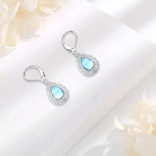 Miniatura 62 de Aretes colgantes de plata de ley con diseño de árbol de la vida, flor, abeja, animales, gato, colibrí, piedra lunar, turquesa, aretes con cierre