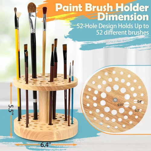 Miniatura 2 de Soporte para pinceles de pintura de 52 agujeros, organizador de pinceles de pintura giratorio de 360°, soporte de almacenamiento de madera dura