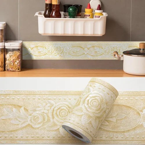Miniatura 6 de AbaBoorty Papel Tapiz con Borde Floral Beige para Decoración 196"X4.1" Despegar y Pegar Borde de Pared Impermeable Adhesivo de Azulejos Papel Tapiz