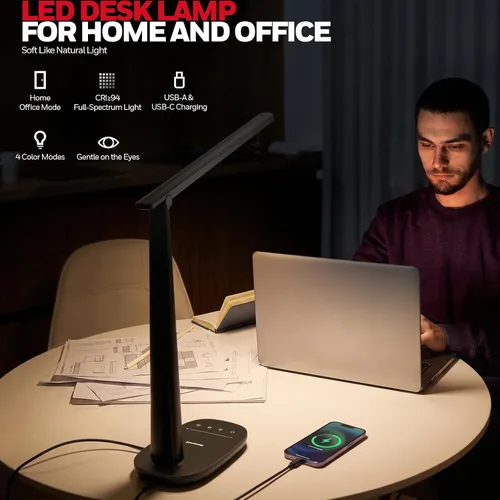 Miniatura 2 de Honeywell Lámpara de escritorio LED para oficina en casa, luz de lectura regulable con 4 modos de color, control táctil, puertos de carga USB-A