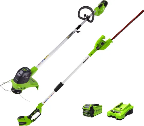Greenworks Cortasetos de poste inalámbrico de 40 V 20 pulgadas y recortadora de cuerda de 40 V y 12 pulgadas, (1) batería de 2.0 Ah y cargador
