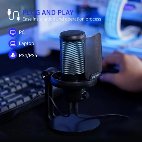 Miniatura 5 de FEELWORLD VM1 Micrófono USB para PC de juegos Micrófono condensador con cancelación de ruido, luz RGB silenciosa, accesorios para computadora