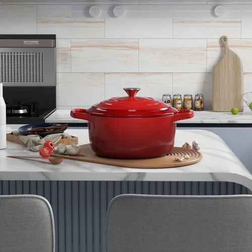 Miniatura 2 de Miereirl Olla holandesa esmaltada de 6 cuartos de galón con tapa, horno holandés de hierro fundido con doble asa para hornear pan, cocinar, Rojo
