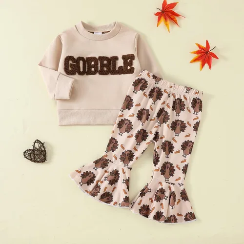 Miniatura 16 de BemeyourBBs Conjunto de sudadera de manga larga de pavo para niña con pantalones acampanados, ropa de otoño