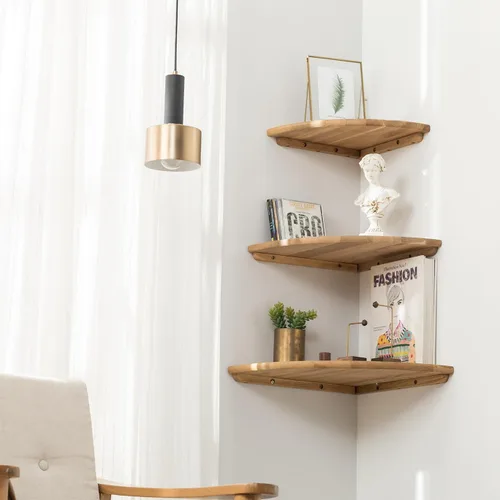 Miniatura 9 de Estante Esquinero, Estante Esquinero Flotante de Madera de Roble Macizo de 7 pulgadas Montaje en Pared Extremo Redondo Estantes Flotantes