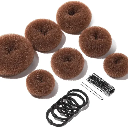 Teenitor Creador de Moños para el Cabello, 7 piezas de Donuts para Moños (1 Extra Grande, 2 Grandes, 2 Medianos, 2 Pequeños), Marrón Claro D-Marrón