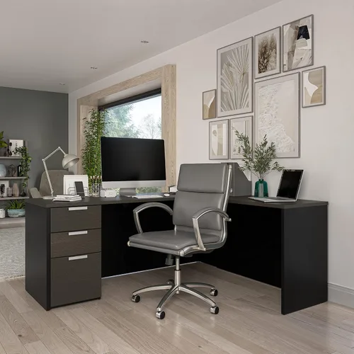 Miniatura 2 de Bestar Pro-Concept Plus - Escritorio en forma de L de 72 W con pedestal en gris oscuro y negro