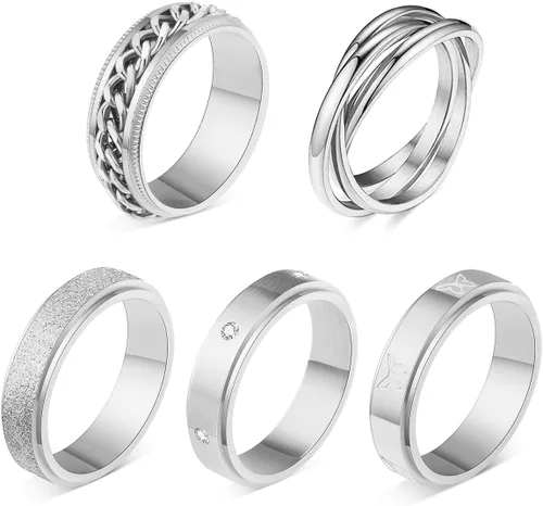 Miniatura 8 de 5 anillos giratorios chapados en oro de 18 quilates para la ansiedad, cadena de mariposa de acero inoxidable, con incrustaciones de circonita