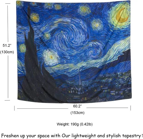 Miniatura 4 de IcosaMro Tapiz de pared con diseño de noche estrellada, V. Gogh Art - Tapices de pared [51 x 60 pulgadas] [dobladillos doblados], mantel de manta