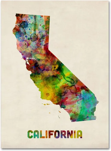 Trademark Fine Art Lienzo decorativo para pared, diseño de mapa de California de Michael Tompsett, 18 x 24 pulgadas
