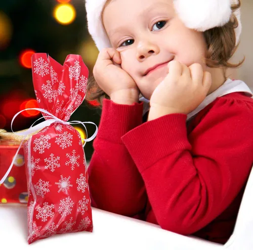 Miniatura 6 de Boao 100 piezas de bolsas de celofán para golosinas de Navidad con copos de nieve, bolsas de dulces para regalos con cinta para la fiesta de Navidad