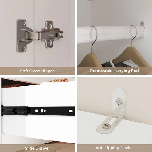 Miniatura 6 de Armario de madera con 2 puertas, armario de dormitorio de 79 pulgadas con 2 cajones, armario para ropa con barra para colgar y estantes, armarios