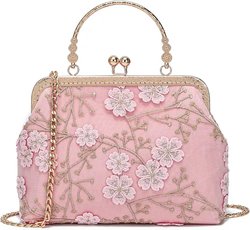 Rejolly - Bolso de noche vintage para mujer, con asa superior, cruzado con correa de cadena y cierre de beso