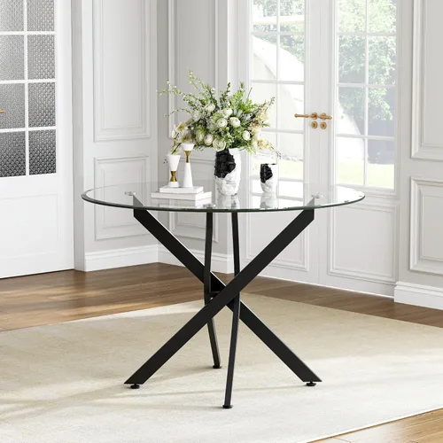 AF ARTISAN FURNITURE Mesa de comedor redonda de vidrio de 36 pulgadas para 4, mesa de cocina de vidrio templado transparente con patas en X de metal