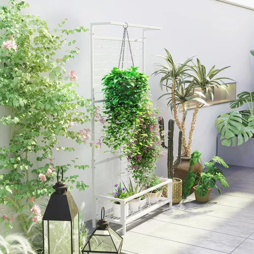 Miniatura 6 de Outsunny Soporte alto para plantas con enrejado y barra para colgar, soporte de metal para plantas trepadoras, flores, uso en interiores y Blanco