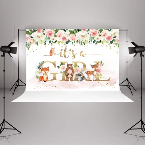Miniatura 4 de Fondo para baby shower, con texto en inglés "It's a Girl", animales de la selva, 5 x 3 pies, acuarela, flores rosas, flores, fondo para fotografía