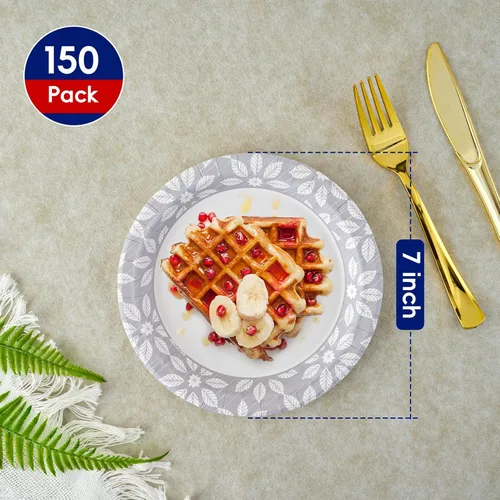 Miniatura 4 de JOLLY CHEF Platos de papel desechables de 7 pulgadas, paquete de 150 platos de postre impresos resistentes para Acción de Gracias o uso diario, a