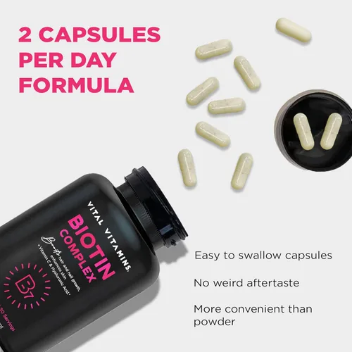 Miniatura 7 de Vital Vitamins Píldoras de complejo de biotina - con ácido hialurónico, MSM, colágeno y vitamina C - Suplemento para cabello, piel y uñas - 60