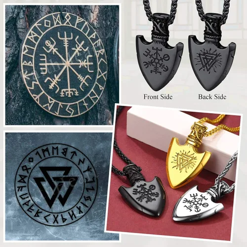 Miniatura 2 de FaithHeart Collar con colgante de runas vikingas nórdicas, martillo de Thor, brújula nórdica, Odín, cuervo, para hombres y mujeres, con embalaje