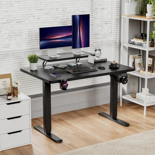 Miniatura 2 de Shahoo Escritorio eléctrico de pie con estante para monitor, mesa de esquina ajustable de altura de 47 x 24 pulgadas, estación de trabajo para Blanco
