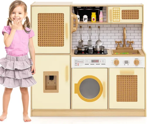 Miniatura 9 de Costzon Juego de cocina para niños, cocina de juguete de madera con luz y sonido, microondas, máquina de hielo, horno, fregadero y grifo, accesorios