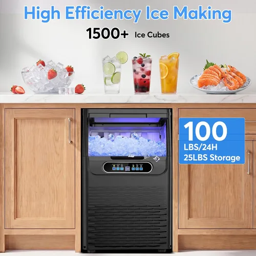 Miniatura 3 de SOZT® Máquina comercial gourmet para hacer hielo, 100 libras/24 horas, máquina de hielo debajo del mostrador con almacenamiento de 25 libras, diseño