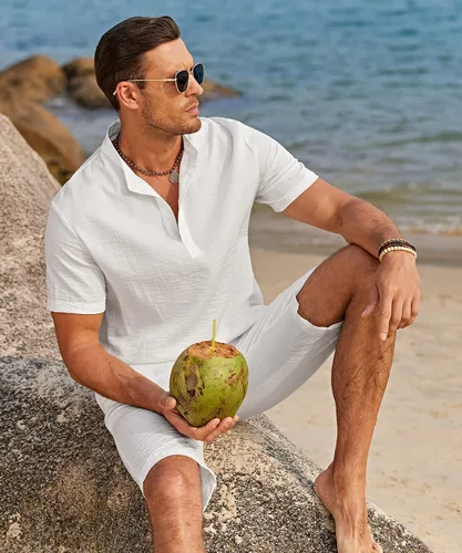 Miniatura 7 de COOFANDY Conjunto de 2 piezas de lino para hombre, camisas Henley casuales de manga corta, pantalones cortos de yoga para la playa, pantalones