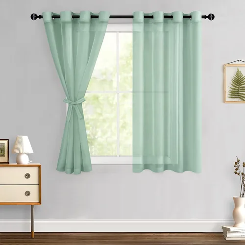 Miniatura 138 de Hiasan - Cortinas traslúcidas de gasa cortas semitransparentes con ojales y alzapaños filtrantes de luz para ventana, dormitorio, baño, 2 paneles