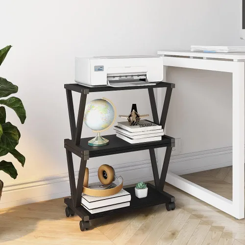 Miniatura 5 de VEDECASA Soporte de escritorio retro para impresora con 2 niveles de madera, estante moderno de madera para libros y organizador de almacenamiento