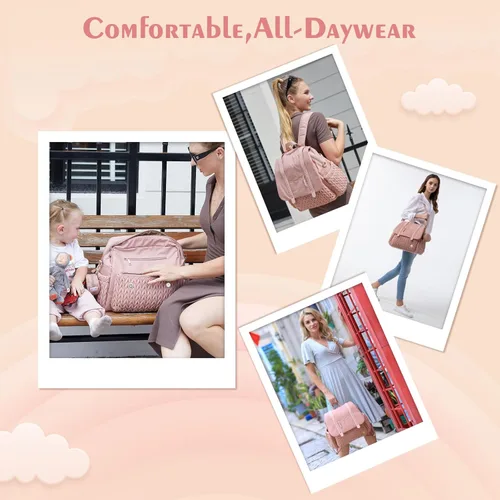 Miniatura 7 de Mochila para pañales de gran capacidad, bolsa de viaje para mamá, impermeable y elegante con cambiador, bolsa de bebé para mujeres y niñas Rosa