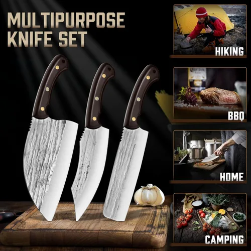 Miniatura 4 de TIJERAS Juego de cuchillos de carnicero, juego de 3 cuchillos de chef forjados a mano, cuchillo de chef serbio y cuchillo de carnicero y cuchillo