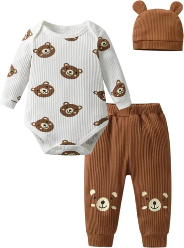 Conjunto de 3 piezas de ropa de bebé recién nacido con estampado de manga larga + pantalones + sombrero