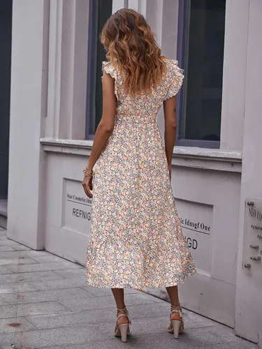 Miniatura 2 de MakeMeChic Vestido midi con cuello alto y volantes para mujer con mangas casquillo y cinturón